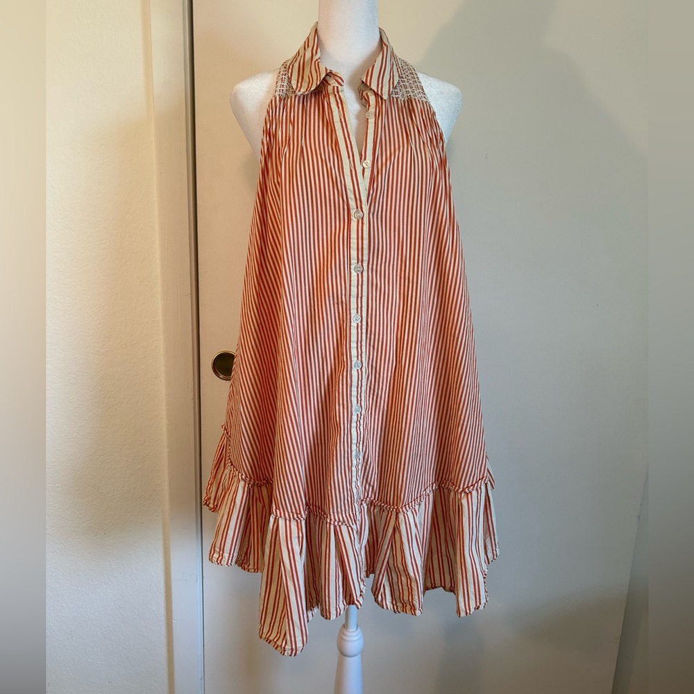 Free People Striped High Low Dress with Ruffles in Light Red and White